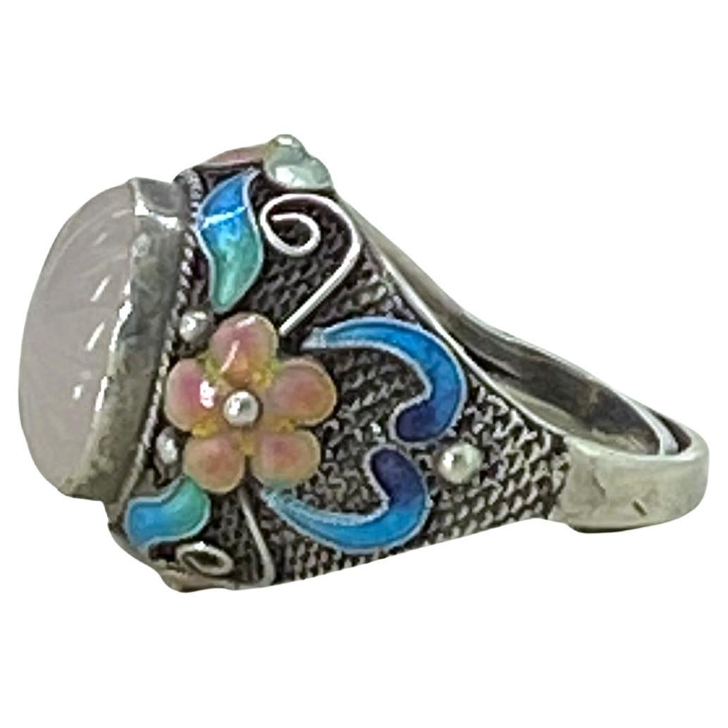 Vintage Sterling Cloisonné-Ring mit Rosenquarz Damen im Angebot