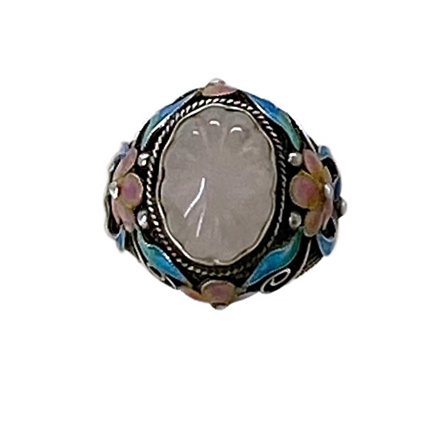 Vintage Sterling Cloisonné-Ring mit Rosenquarz im Angebot 1