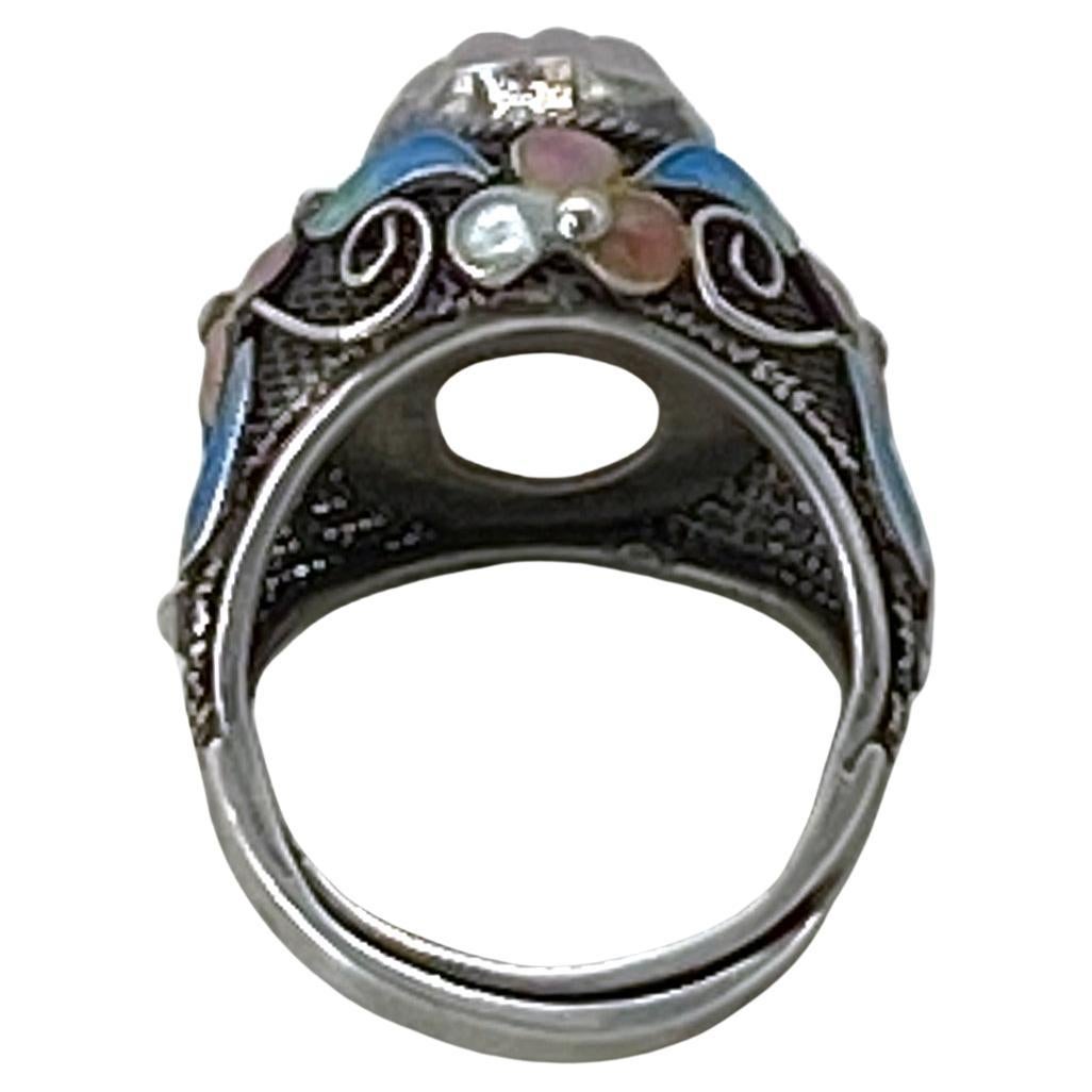 Vintage Sterling Cloisonné-Ring mit Rosenquarz im Angebot 2