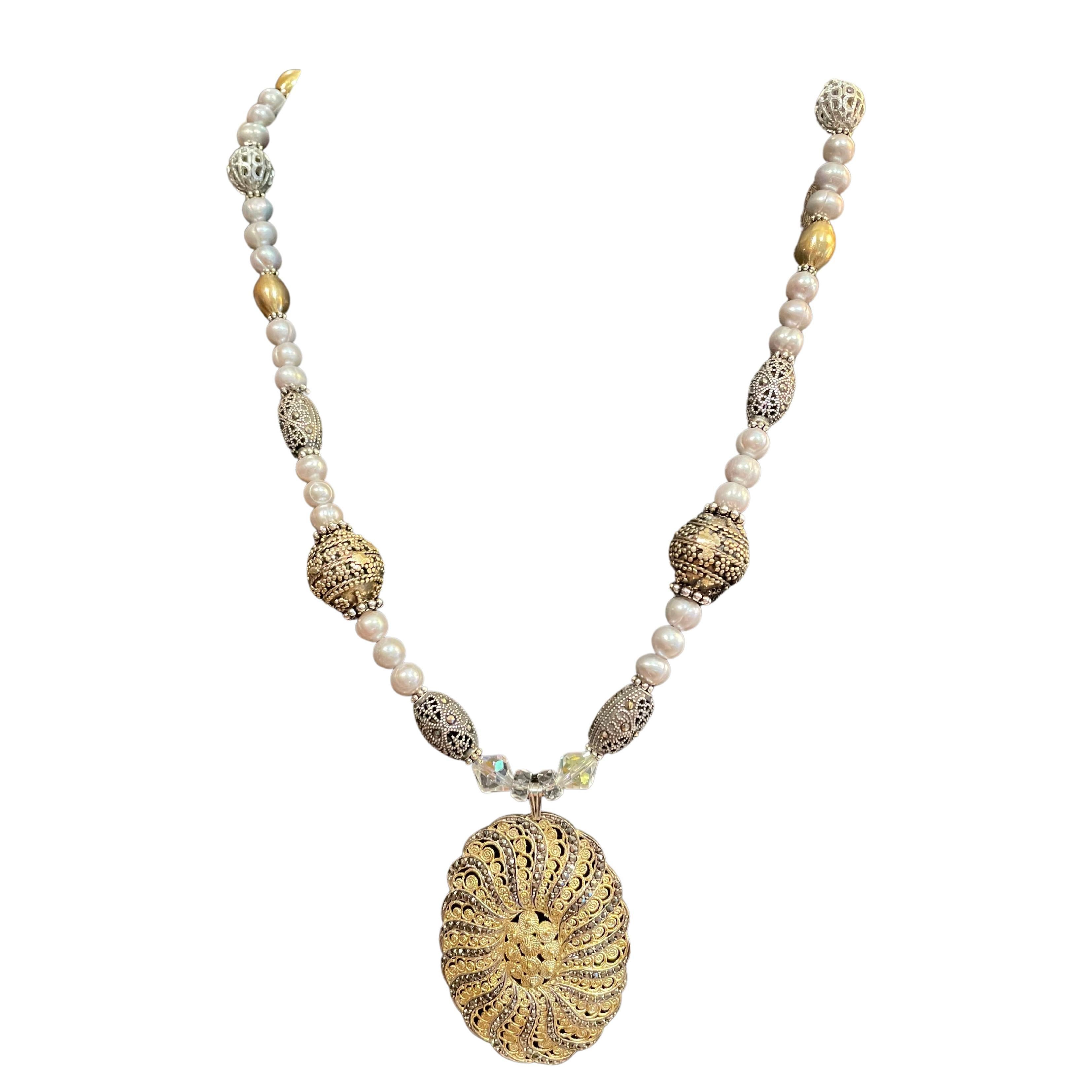 Vintage Sterling Deco pendant , gray pearls, one of a kind , handmade