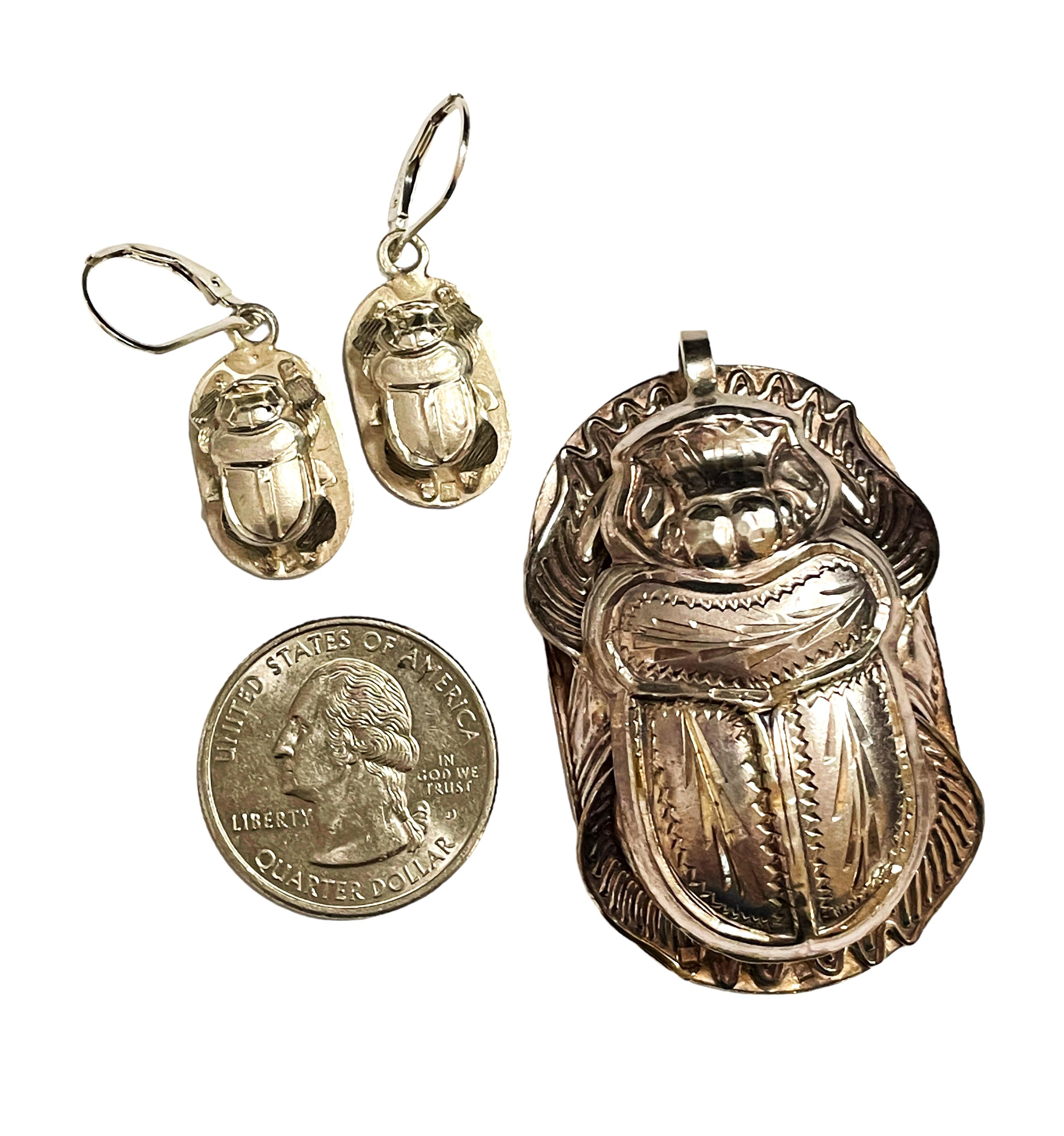 Vintage Sterling Egyptian Cartouche Hieroglyphics Scarab Necklace & Earrings 3