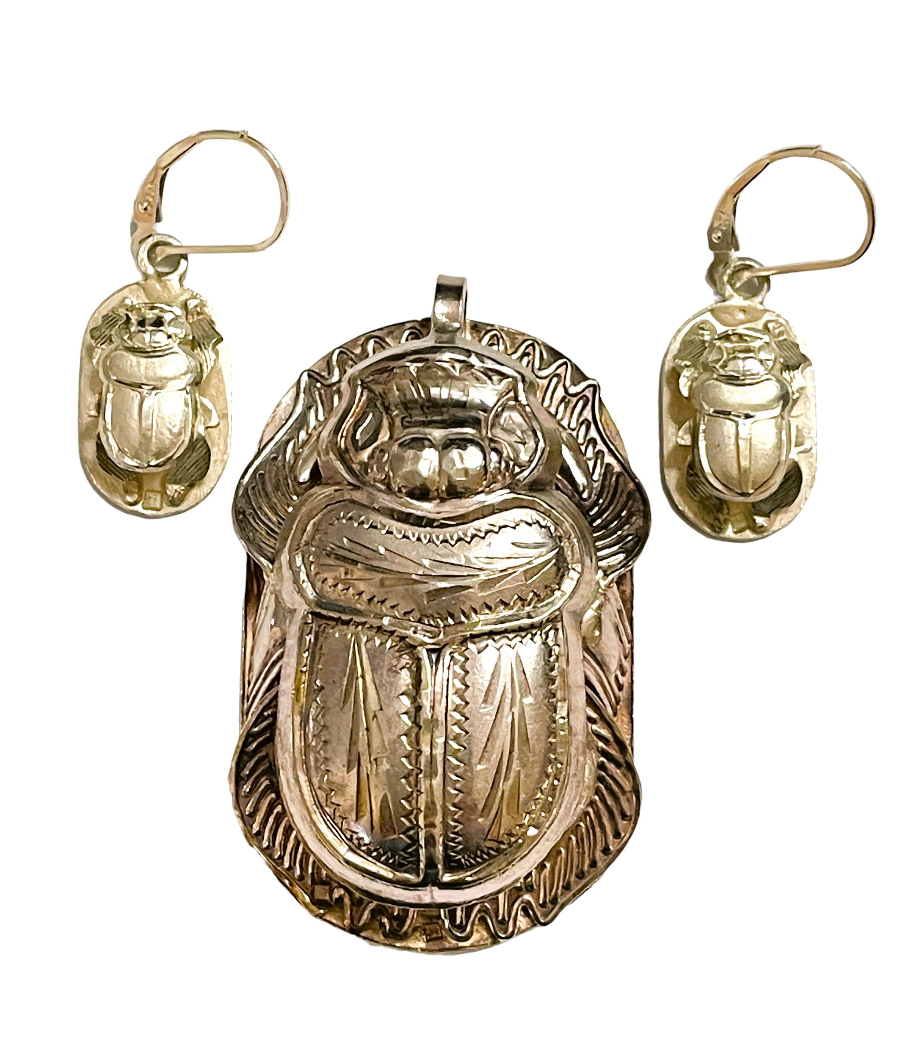 Byzantine Vintage Sterling Egyptian Cartouche Hieroglyphics Scarab Necklace & Earrings
