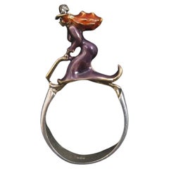 Vintage Sterling Enamel Witch Ring Size 7.5