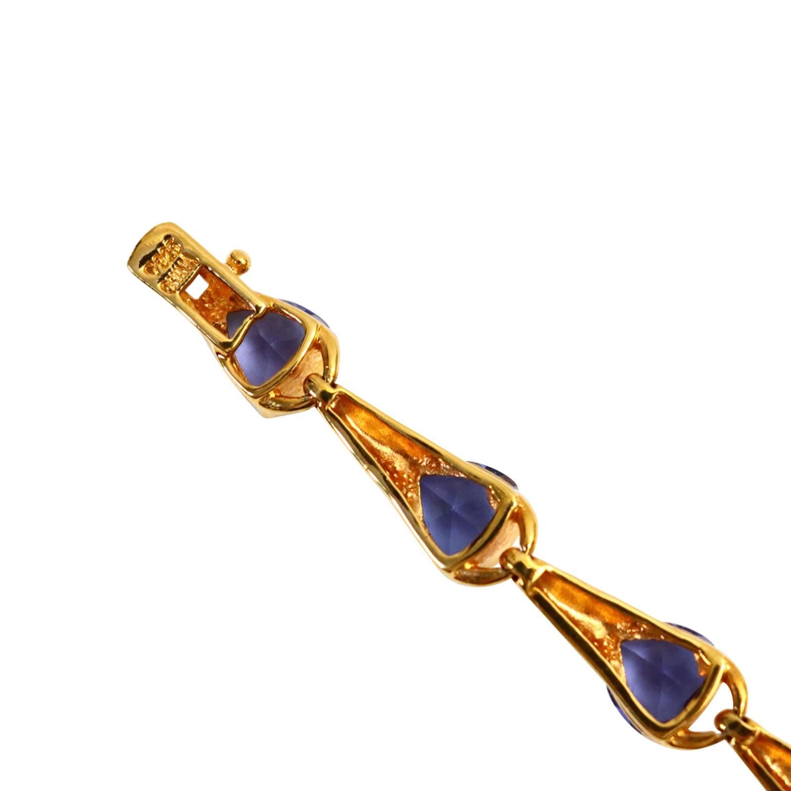 Vintage Sterling Gold Tone Link Bracelet with Blue Diamante Stones Circa 1990s For Sale 3