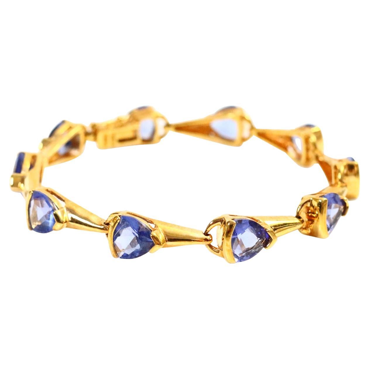 Vintage Sterling Gold Tone Link Bracelet with Blue Diamante Stones Circa 1990s