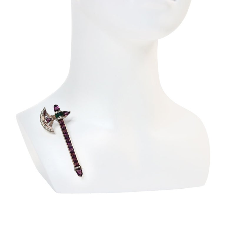 Women's or Men's Vintage Sterling Hatchet Brooch with Amethyst, Circa 1940s Emerald and Diamante For Sale