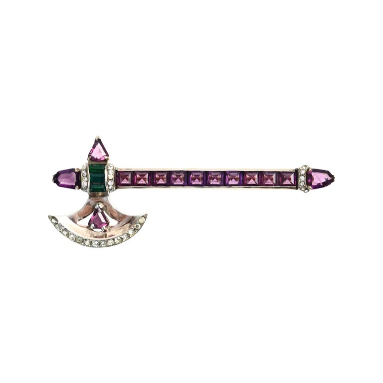 Vintage Sterling Hatchet Brooch with Amethyst, Circa 1940s Emerald and Diamante For Sale 2