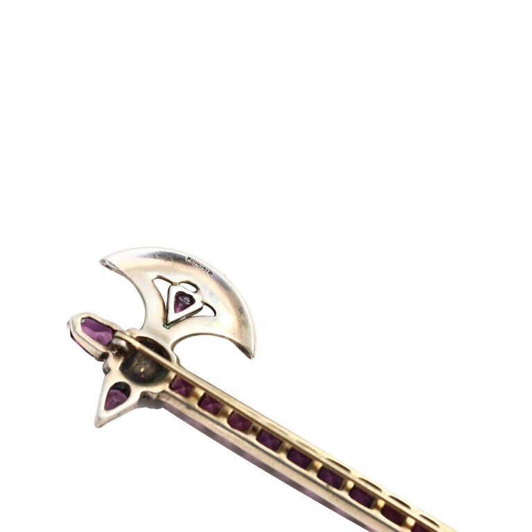 Vintage Sterling Hatchet Brooch with Amethyst, Circa 1940s Emerald and Diamante For Sale 4