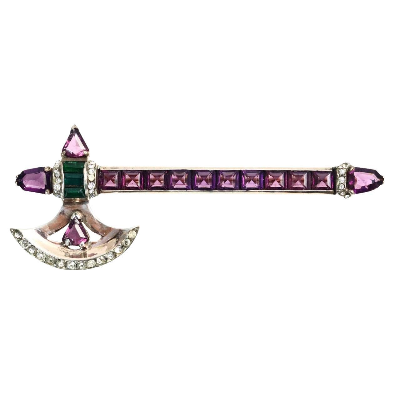 Vintage Sterling Hatchet Brooch with Amethyst, Circa 1940s Emerald and Diamante