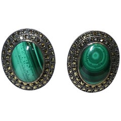 Vintage Sterling Malachite And Marcasite Pierced Earrings