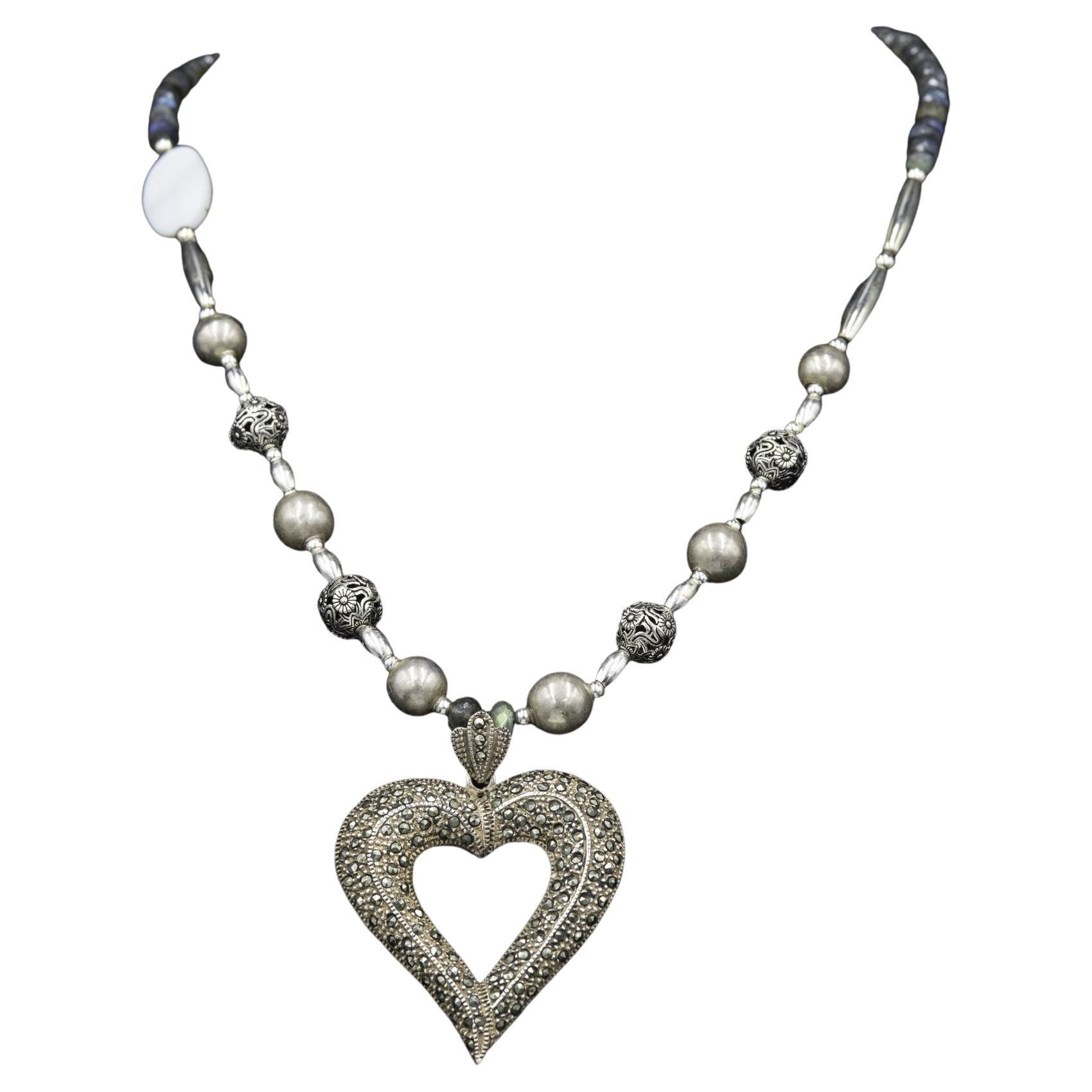 Vintage sterling/marcasite heart pendant on sterling beads handmade piece fromLB For Sale