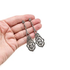 Vintage Sterling Marcasite Long Drop Earrings 1980s