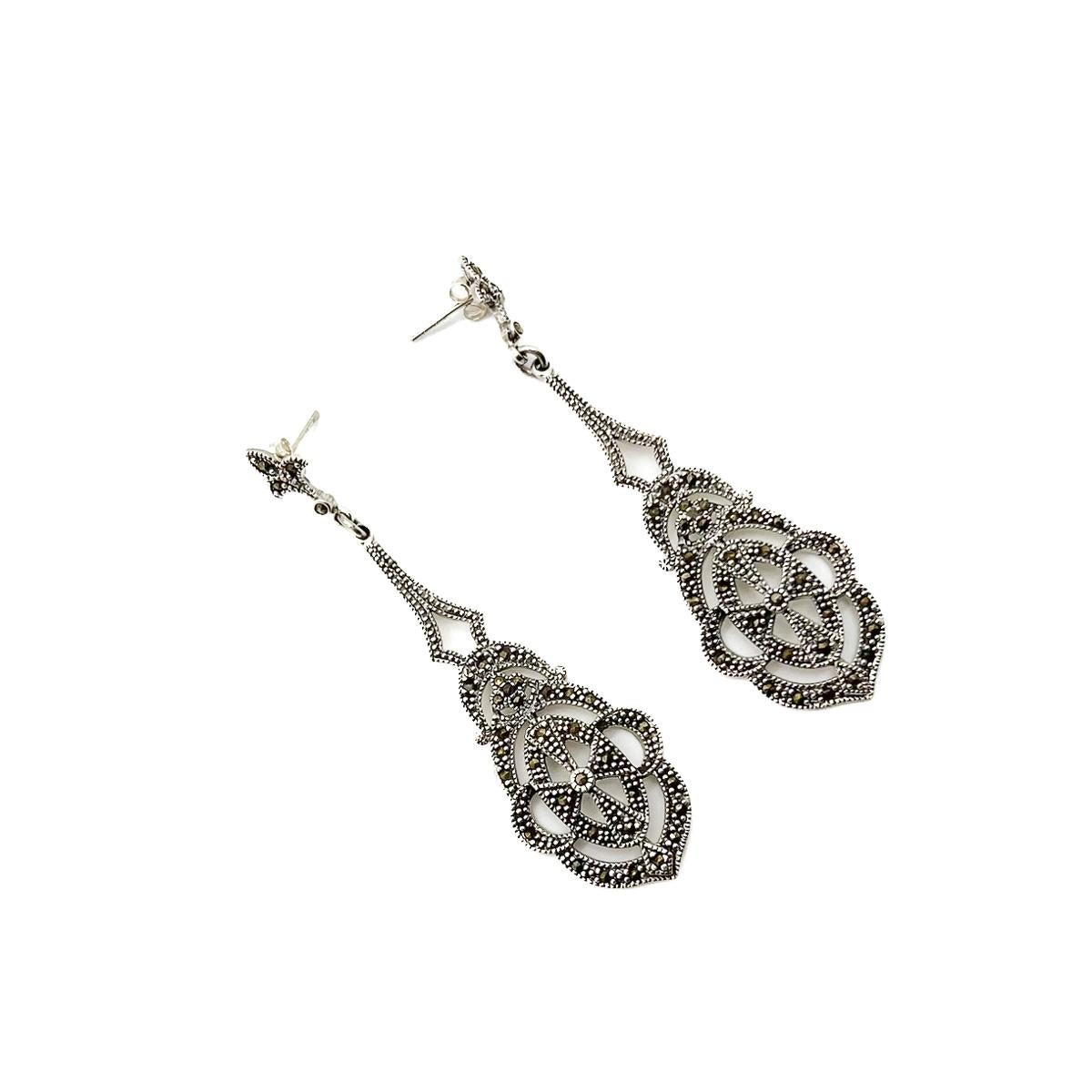 Lange Marcasite-Tropfen-Ohrringe aus Sterlingsilber 1980er Jahre im Zustand „Gut“ im Angebot in Wilmslow, GB