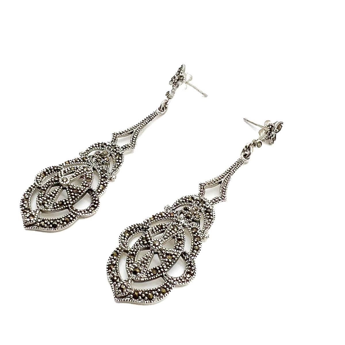 Lange Marcasite-Tropfen-Ohrringe aus Sterlingsilber 1980er Jahre für Damen oder Herren im Angebot