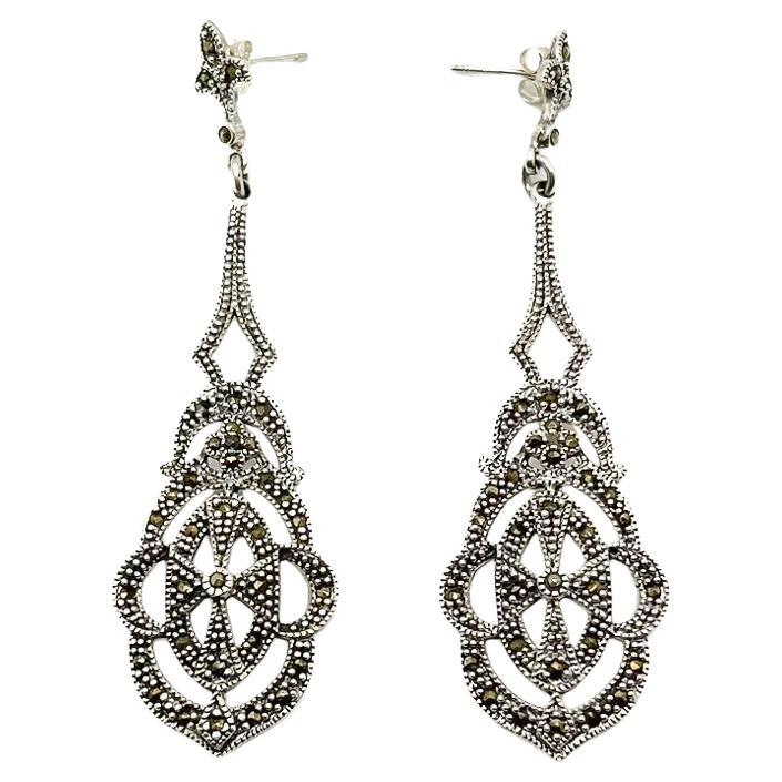 Vintage Sterling Marcasite Long Drop Earrings 1980s