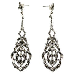Orecchini a goccia lunghi in argento vintage con marcasite, anni '80