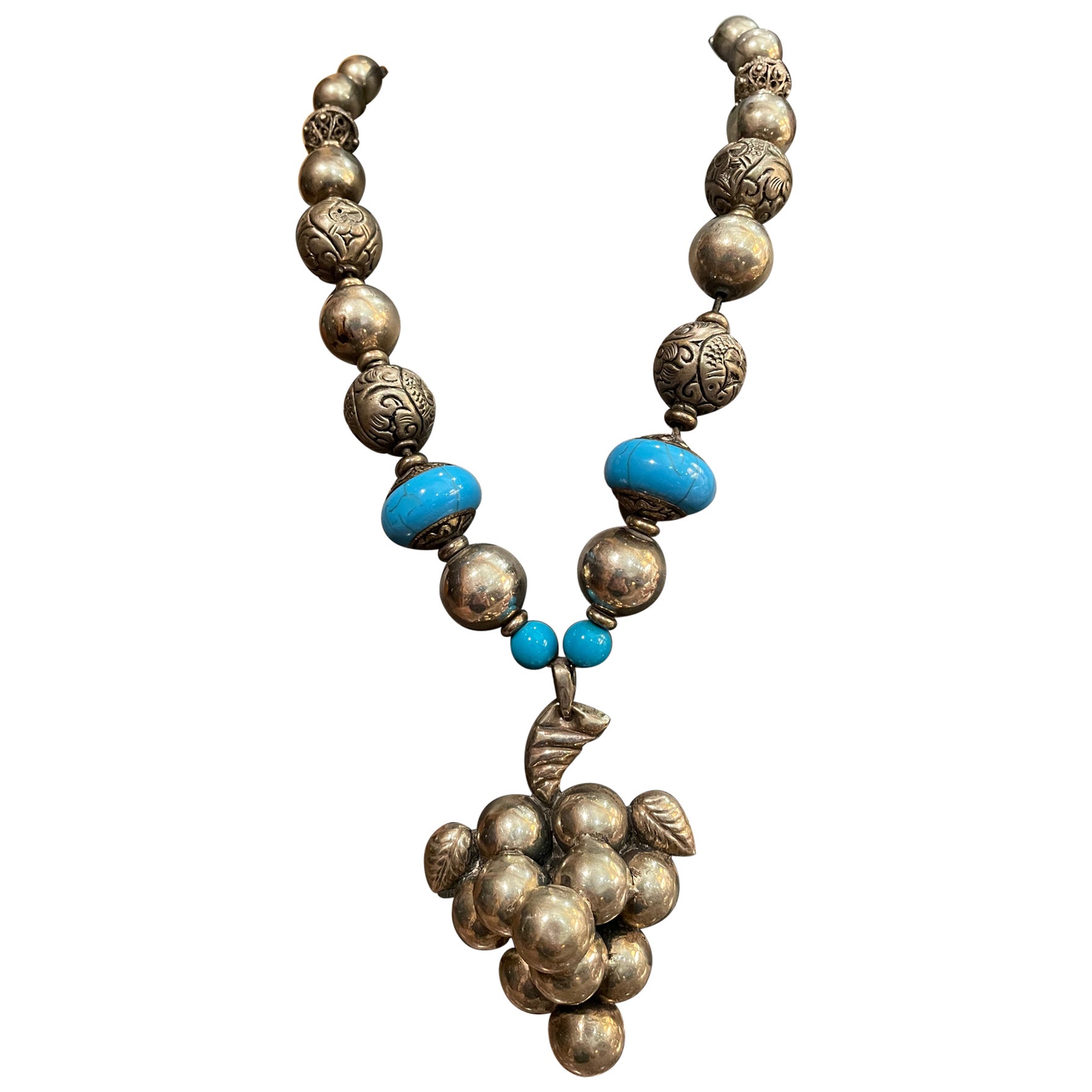 Vintage sterling Mexican grapes pendant with sterling and turquoise from LB