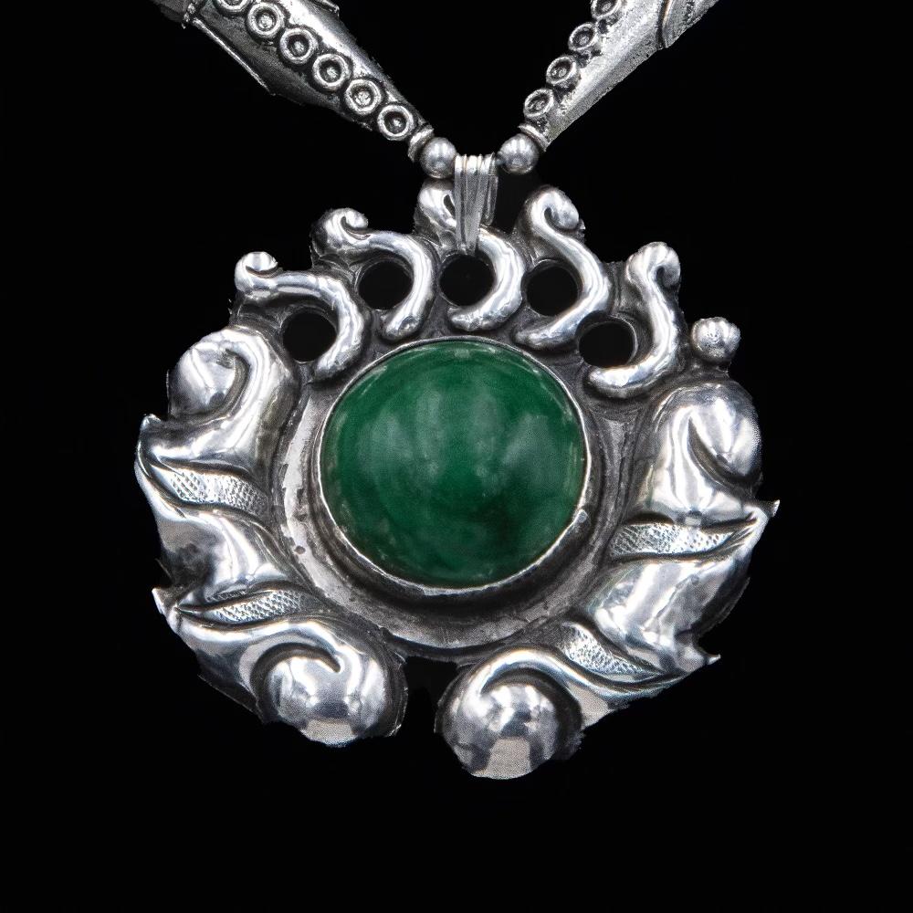 Cabochon Vintage sterling , Mexican , malachite pendant, one of a kind necklace. For Sale