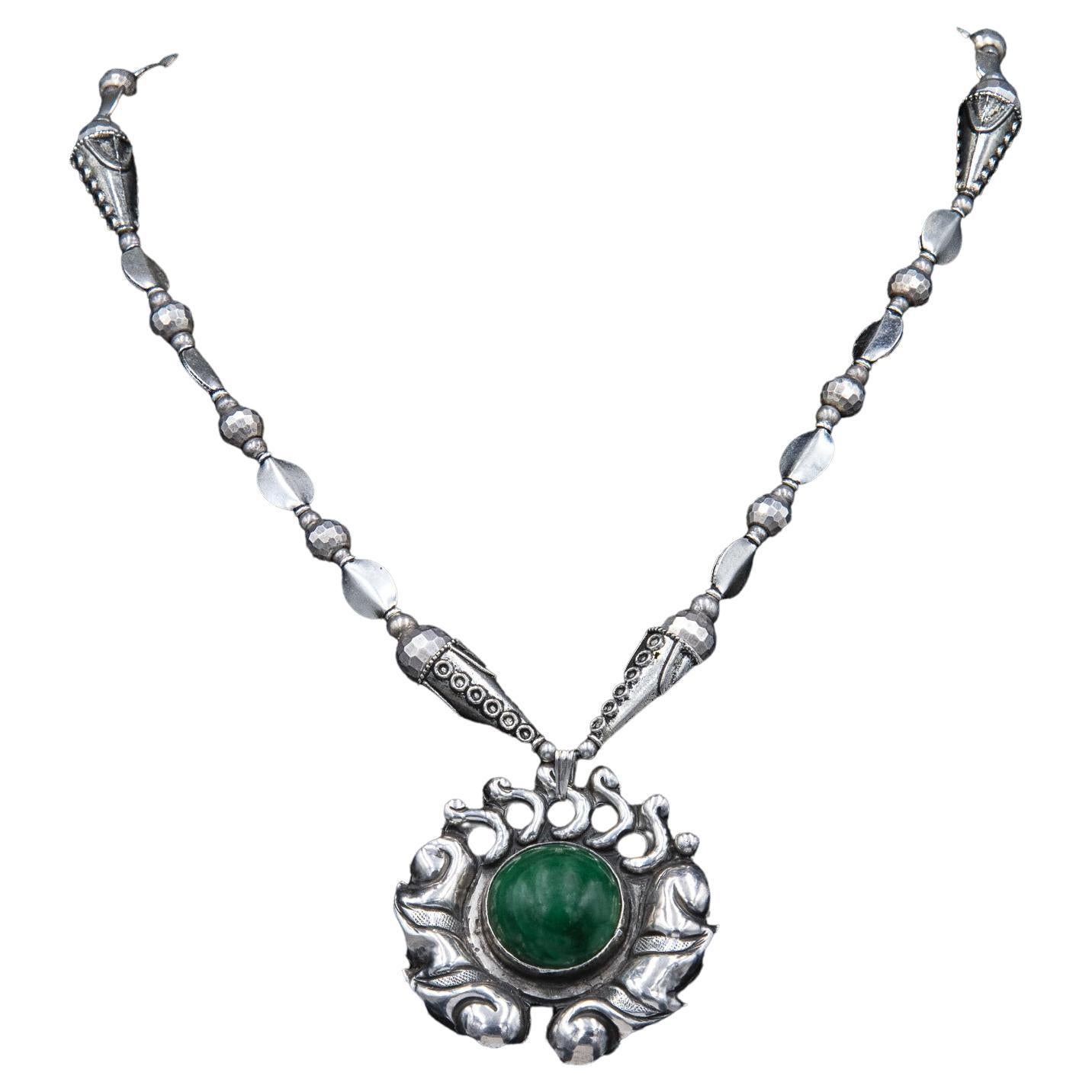 Vintage sterling , Mexican , malachite pendant, one of a kind necklace. For Sale