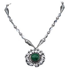 Vintage sterling , Mexican , malachite pendant, one of a kind necklace.