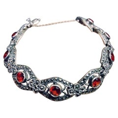 Vintage Sterling Mourning Cross & Bracelet with Red Garnets & Hematites