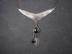Vintage Sterling Navajo Asymmetrical Onyx Feather Necklace
