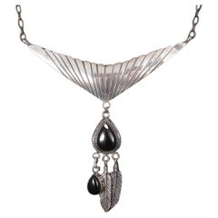 Vintage Sterling Navajo Asymmetrical Onyx Feather Necklace