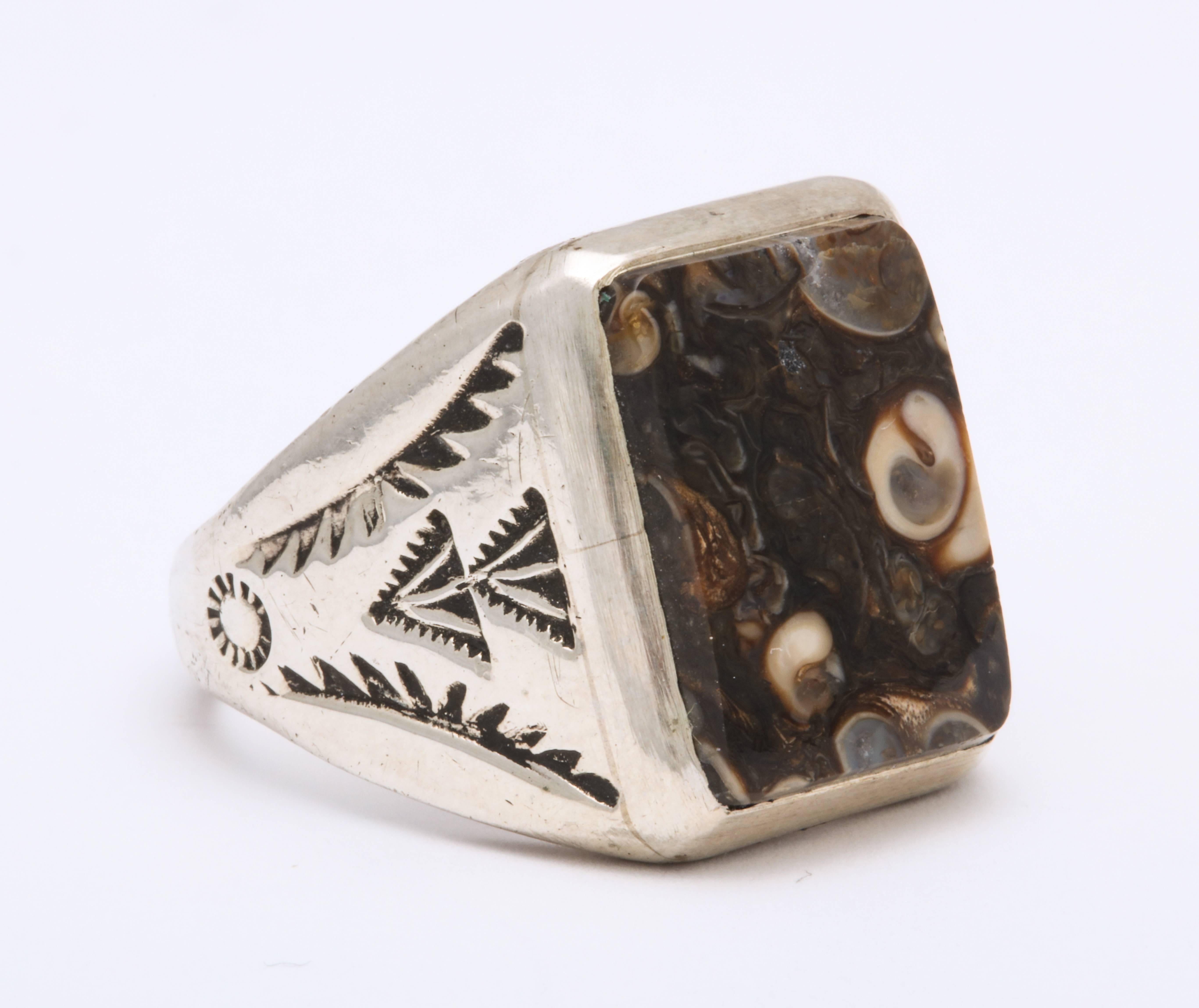 Artist Vintage Sterling Navajo Fossil Ring For Sale