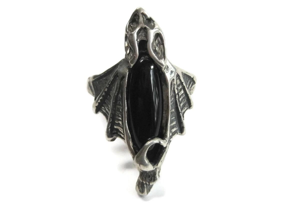 Gothic Revival Vintage Sterling Onyx Vampire Bat Ring Size 12 For Sale
