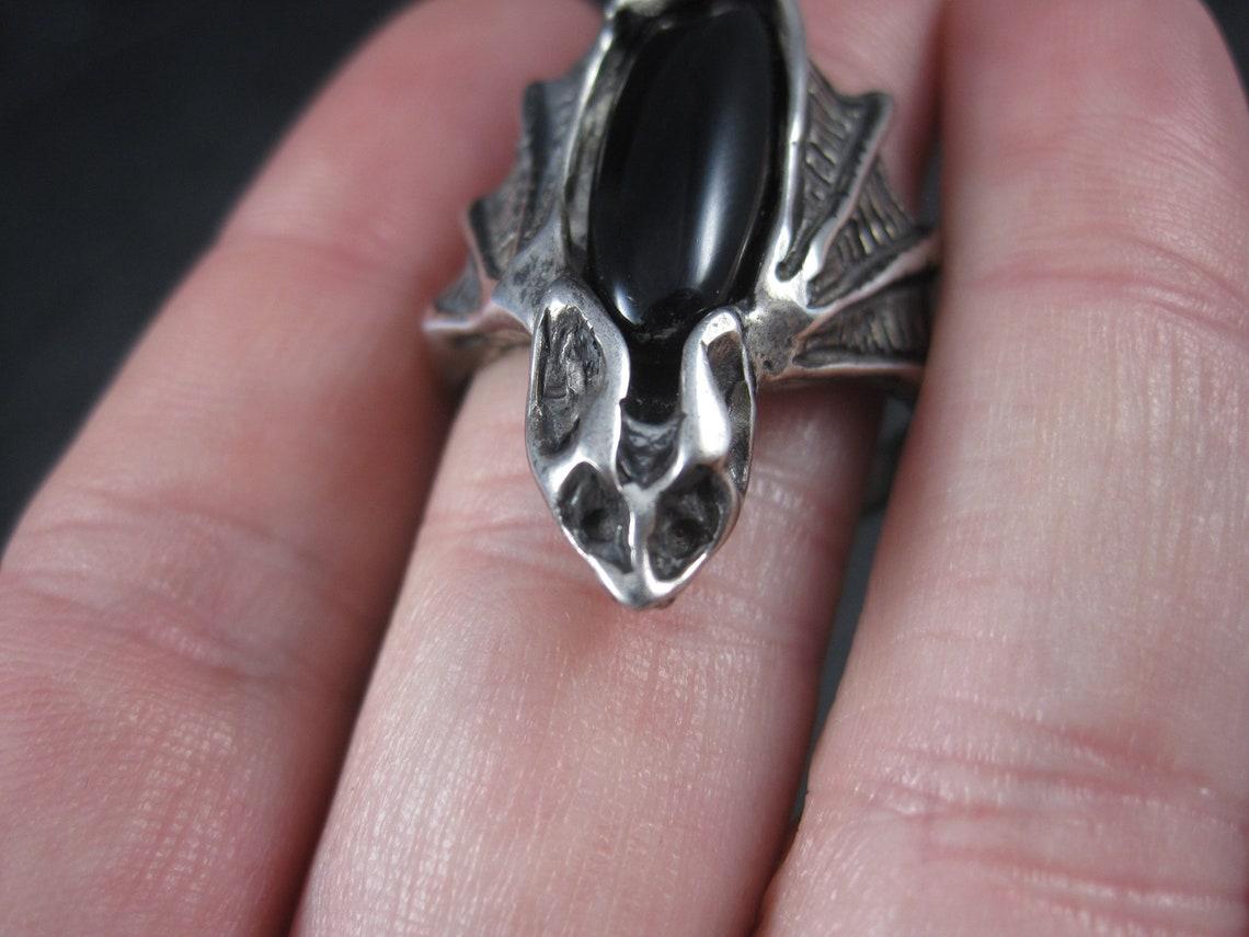 Cabochon Vintage Sterling Onyx Vampire Bat Ring Size 12 For Sale