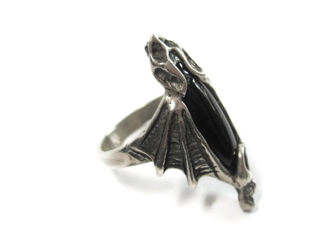 Women's or Men's Vintage Sterling Onyx Vampire Bat Ring Size 12 For Sale