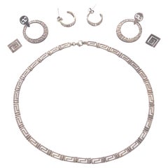 Vintage Sterling Pierced Greek Key Necklace & 3 Sets Matched Pierced Earrings 