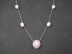 Vintage Sterling Pink Opal White Topaz Halo Necklace 24 Inches