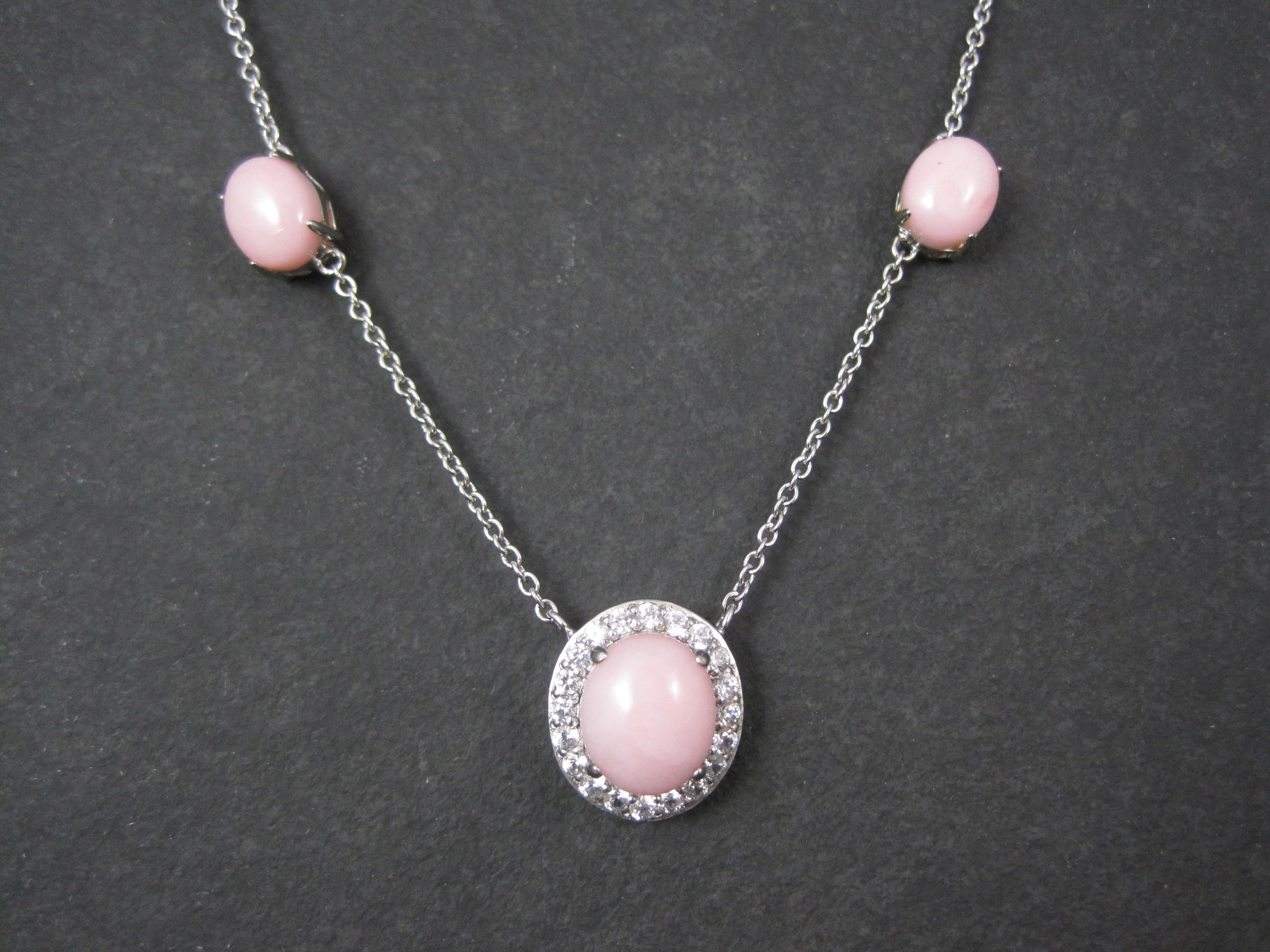 Modern Vintage Sterling Pink Opal White Topaz Halo Necklace 24 Inches For Sale