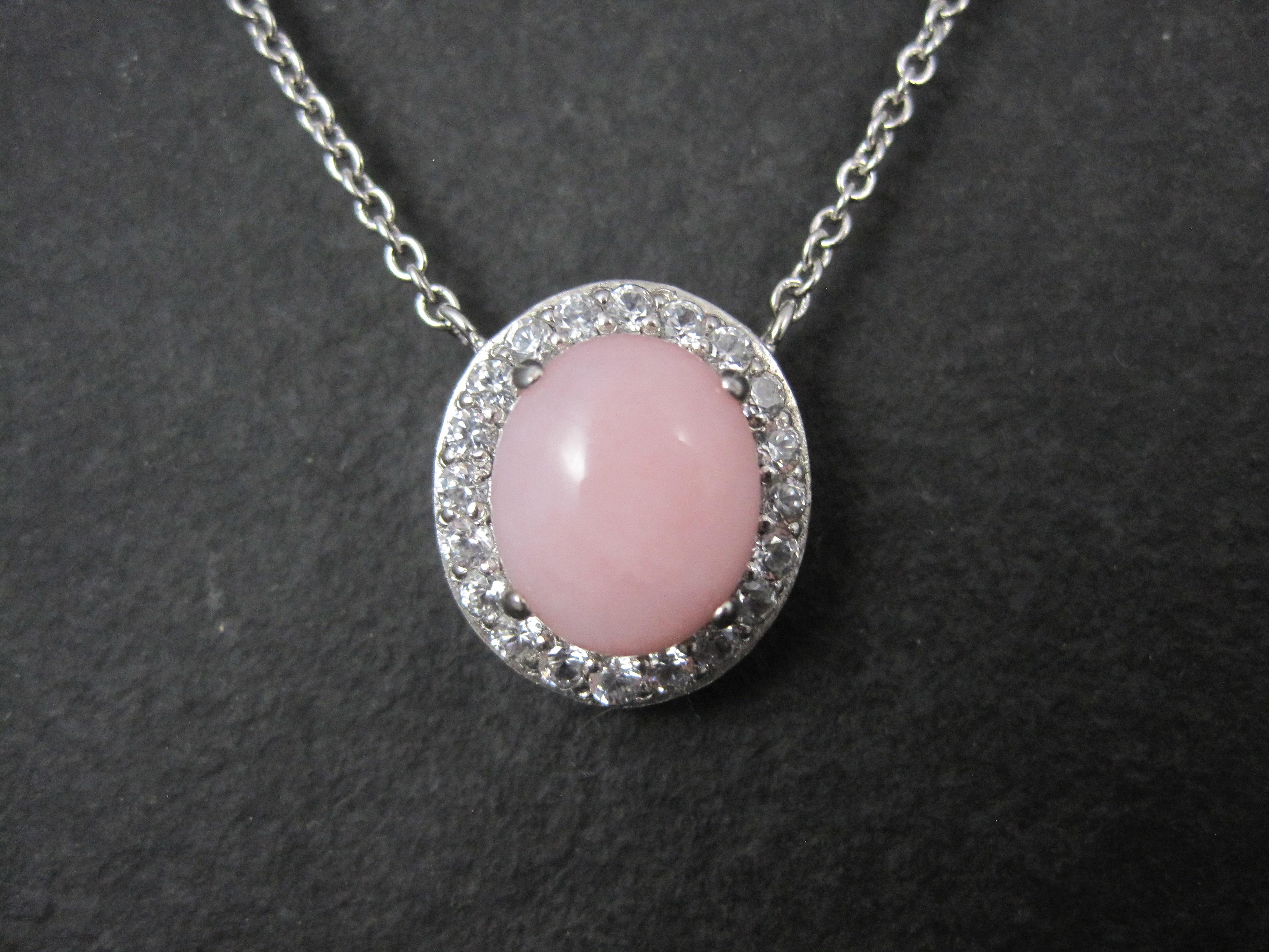 Oval Cut Vintage Sterling Pink Opal White Topaz Halo Necklace 24 Inches For Sale