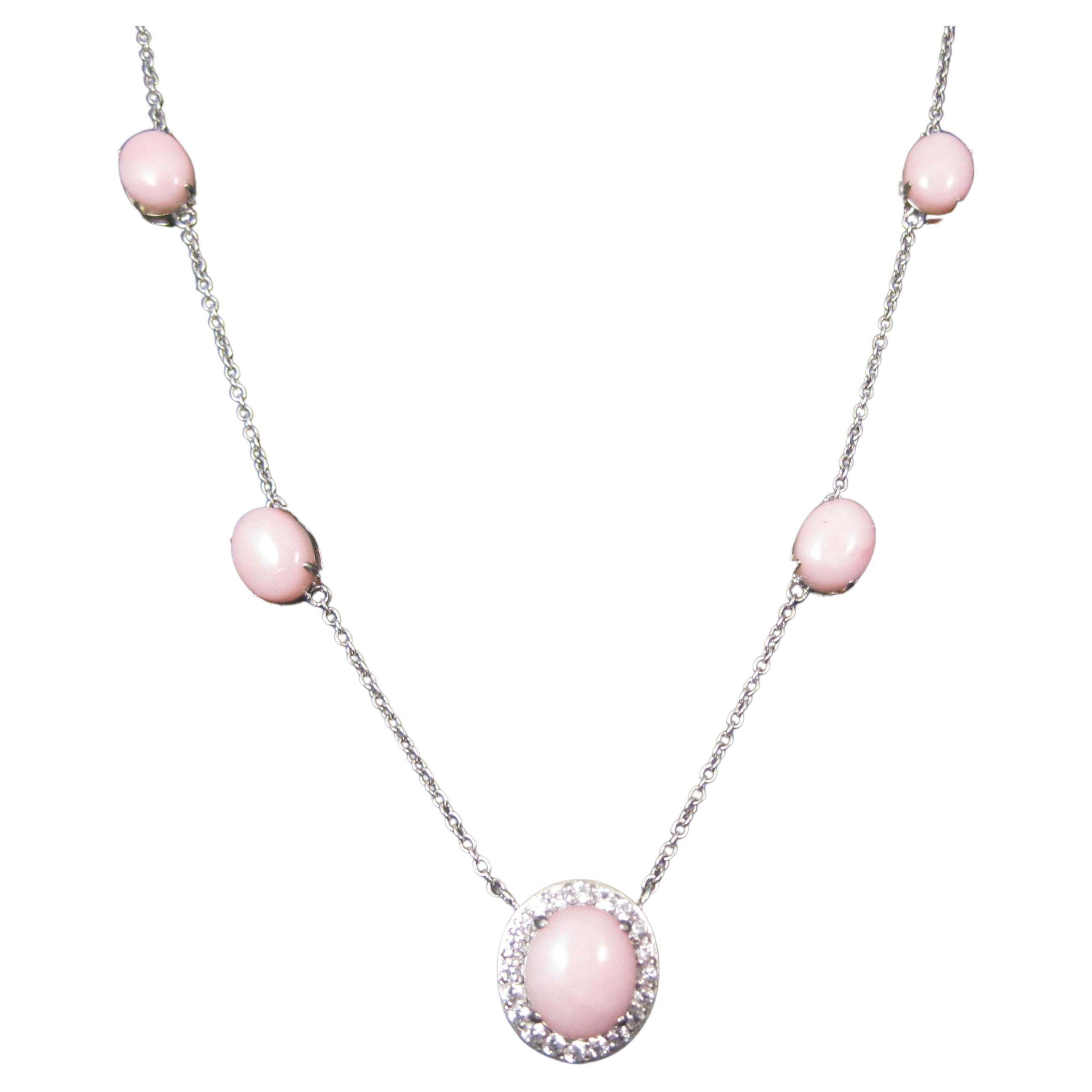 Vintage Sterling Pink Opal White Topaz Halo Necklace 24 Inches