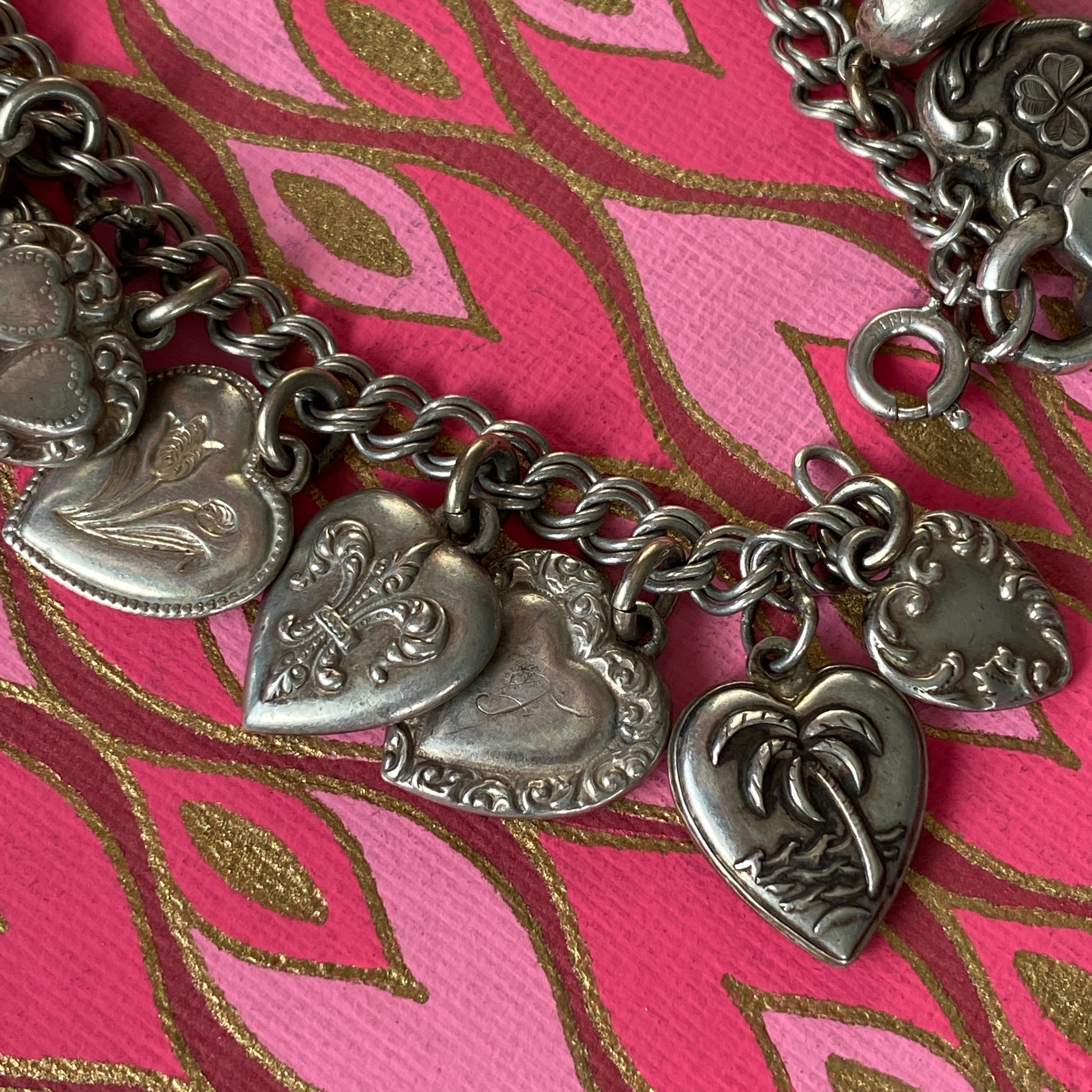 Vintage Sterling Puffy Heart Charm Bracelet 8