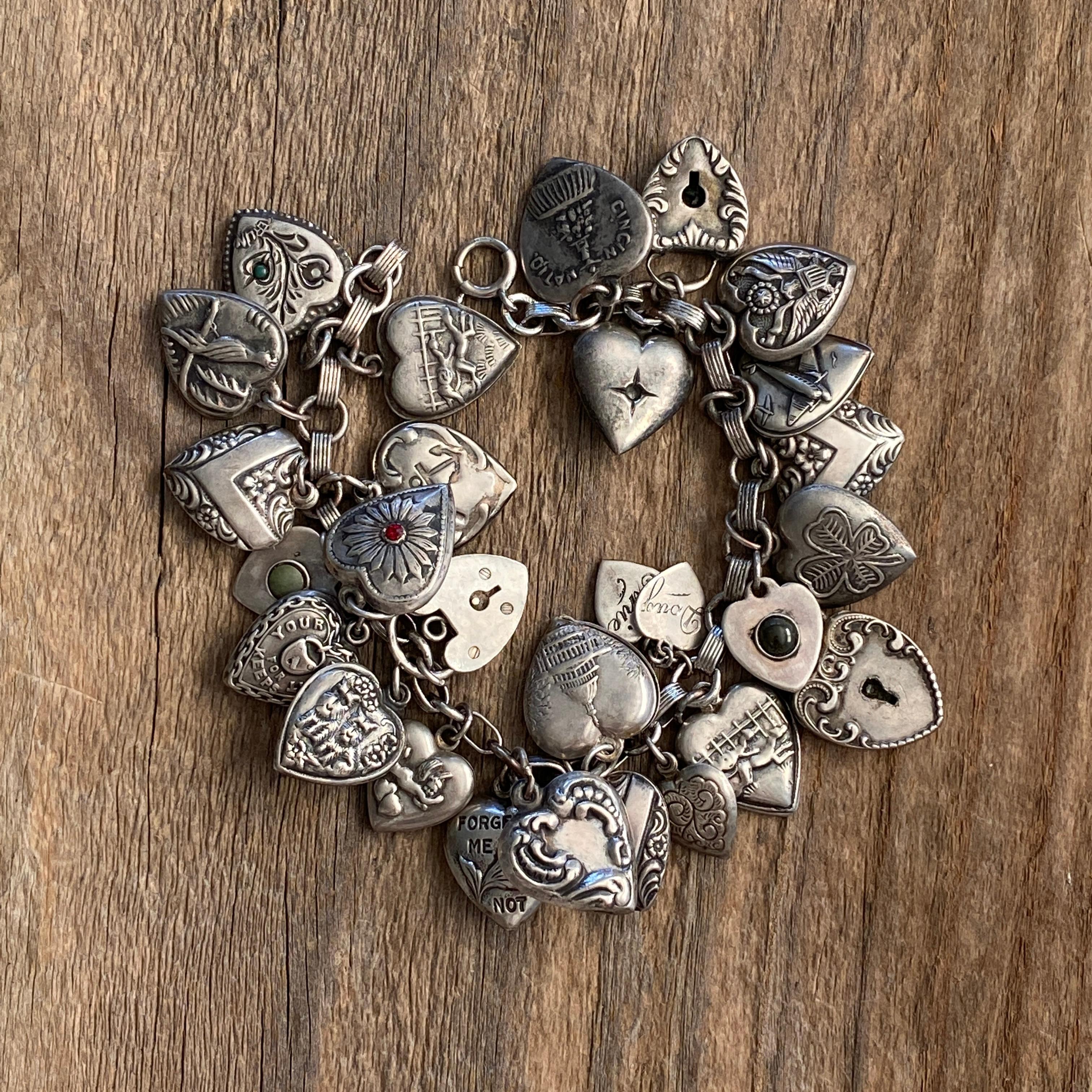 Vintage Sterling Puffy Heart Charm Bracelet 9