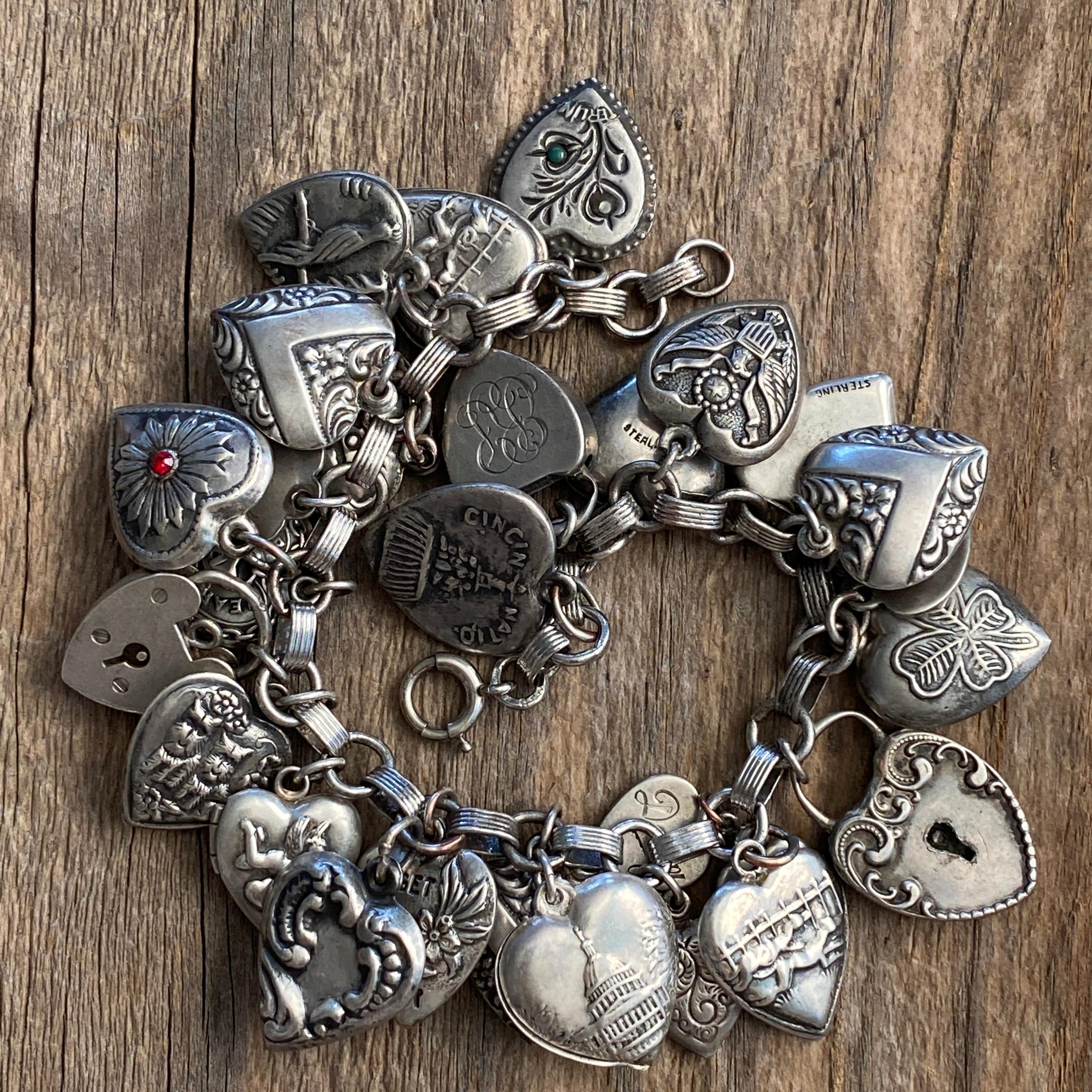 Vintage Sterling Puffy Heart Charm Bracelet In Good Condition In Scotts Valley, CA