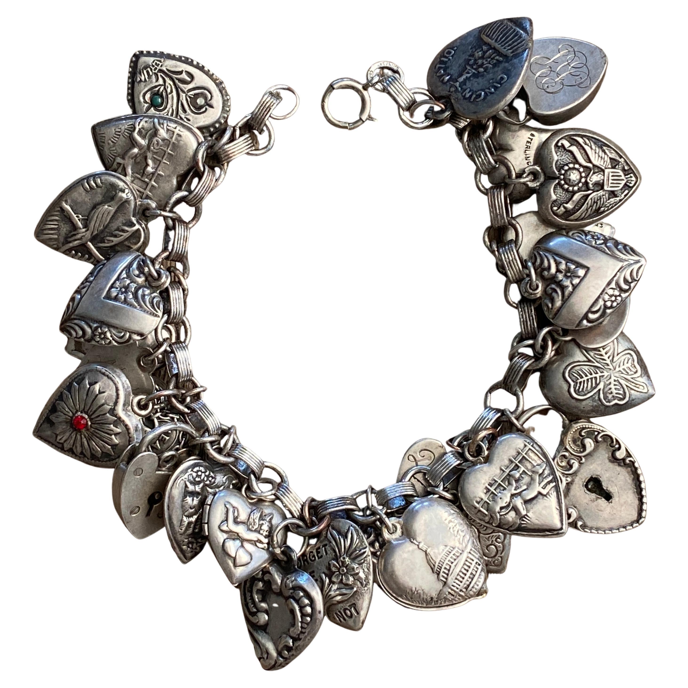 Vintage Sterling Puffy Heart Charm Bracelet at 1stDibs