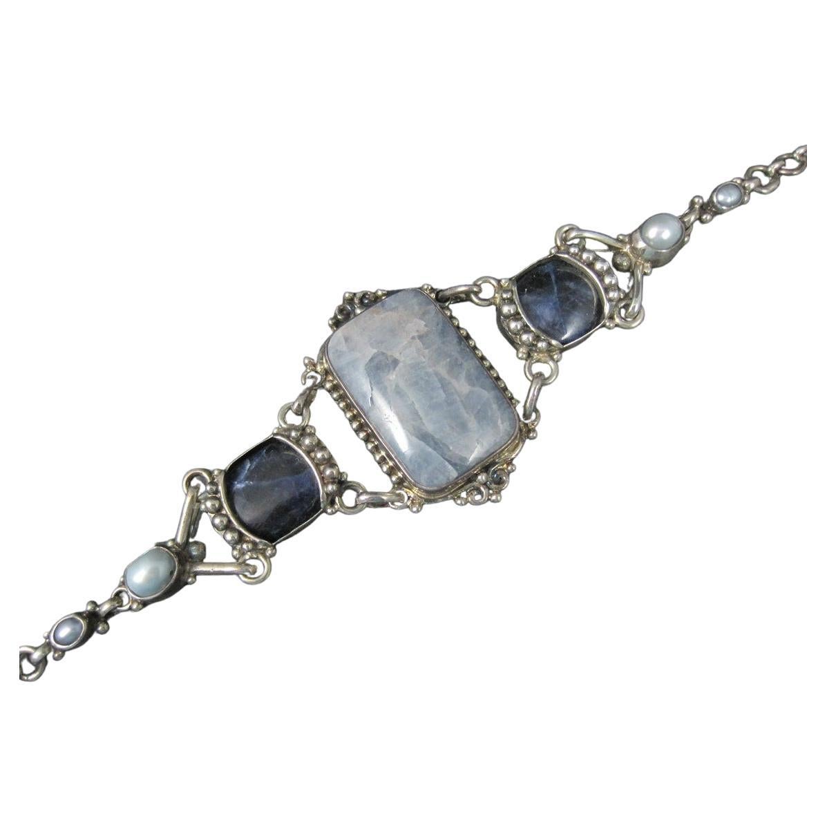 Vintage Sterling Quartz Sodalite Pearl Bracelet Sajen For Sale