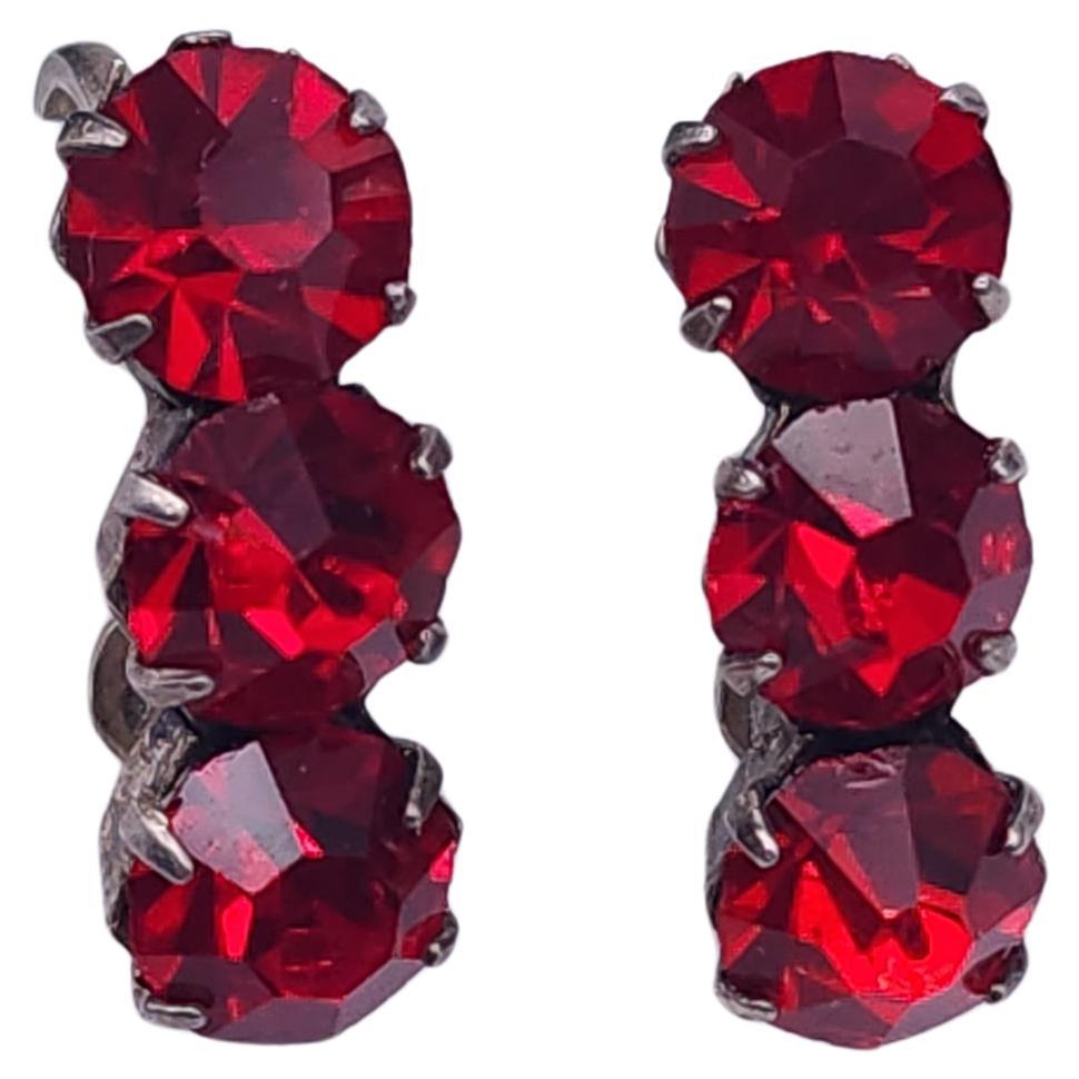 Vintage Sterling Ruby Red Crystal Screw Back Earrings, Triple Gemstone Art Deco