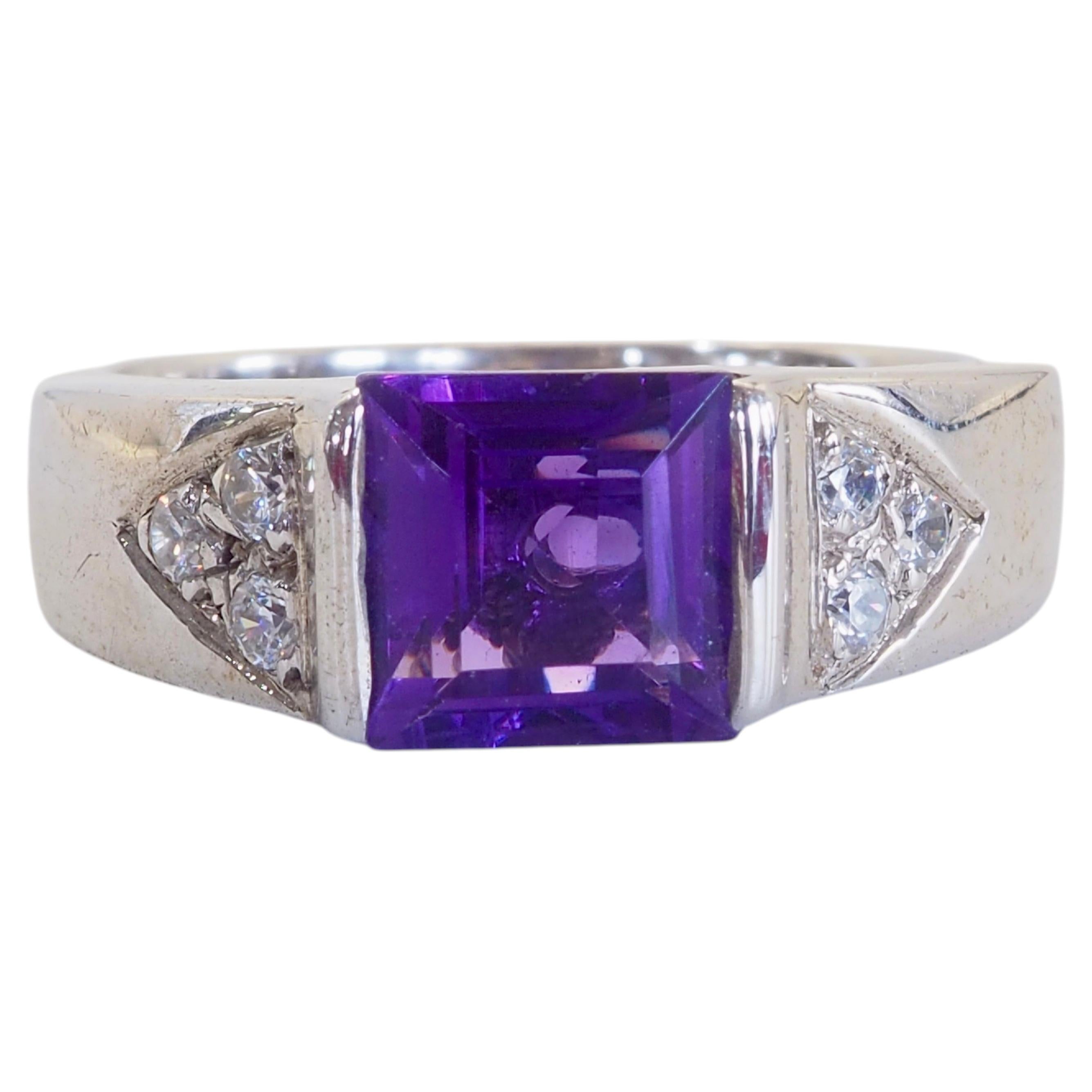 Vintage Sterling Silver 1.10ct Square Amethyst & Quartz Band Ring, Size 7.5