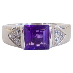 Vintage Sterling Silver 1.10ct Square Amethyst & Quartz Band Ring, Size 7.5