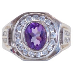 Anello vintage in argento sterling con ametista ovale da 1,20 ct e quarzo con montatura a halo, misura 9,25