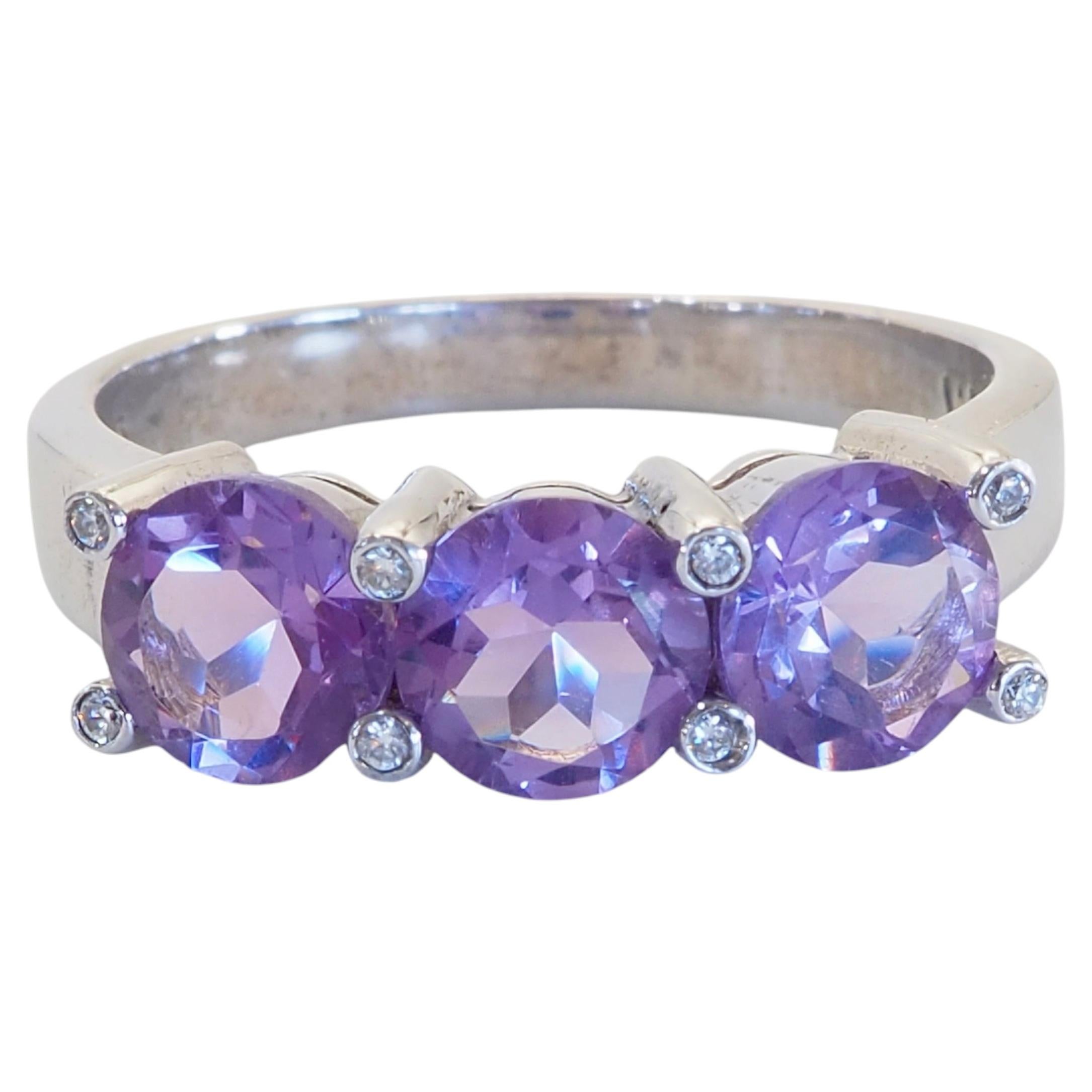 Vintage Sterling Silver 1.20ct Three Round Amethyst & Quartz Band Ring, Size 8