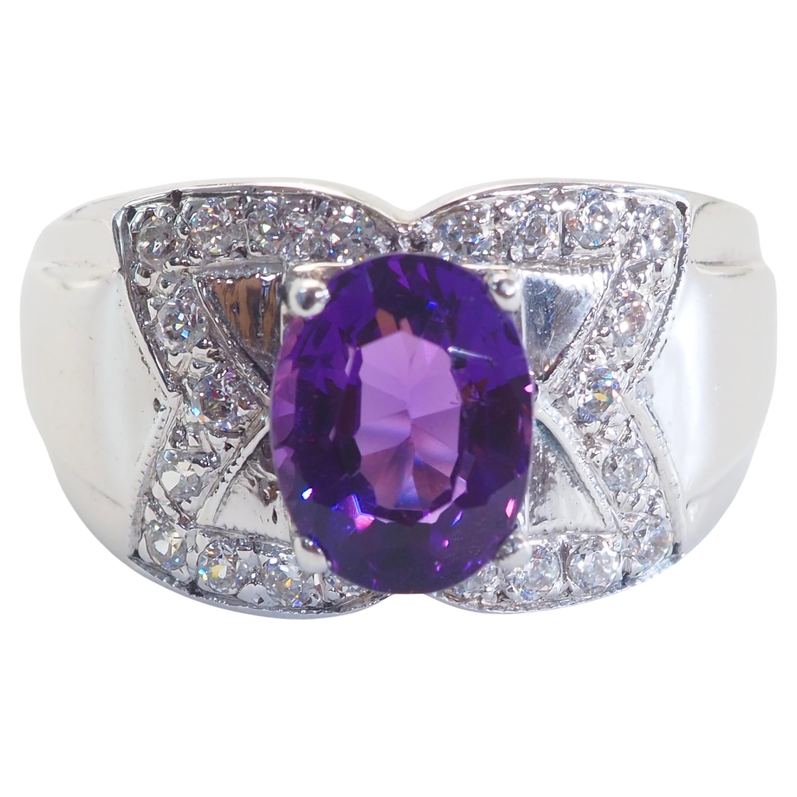 Vintage Sterling Silver 1.3ct Oval Amethyst & White Quartz Band Ring, Size 8.75