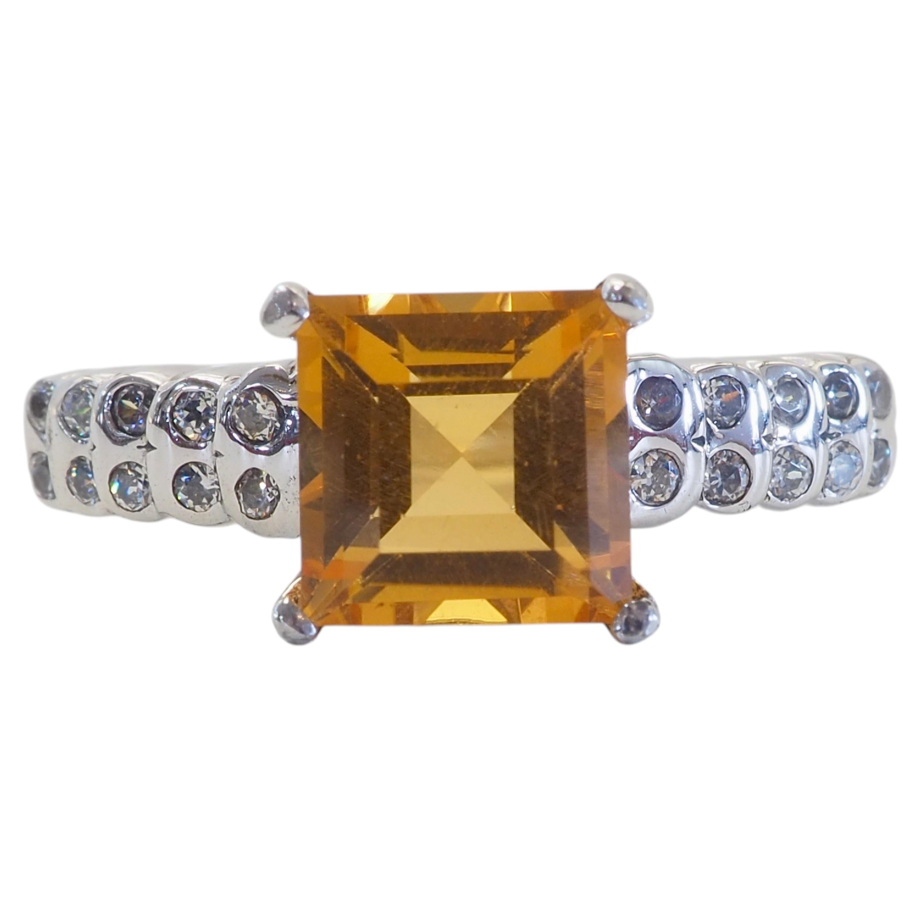 Vintage Sterling Silber 1,68ct Square Cut Citrin & weißer Quarz Ring, Größe 7