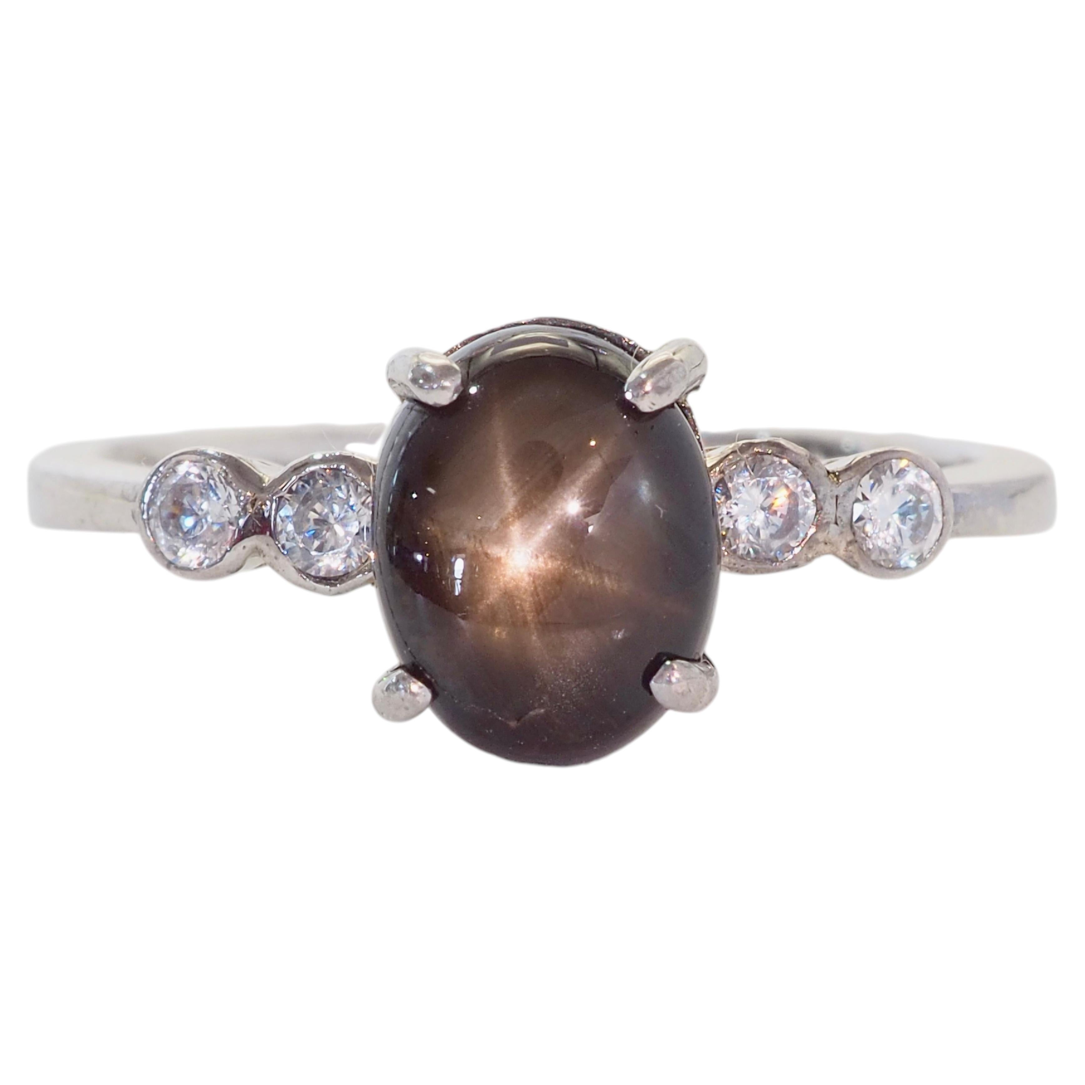 Vintage Sterling Silver 1.76ct Black Star Sapphire & Quartz Ring, Size 7.5