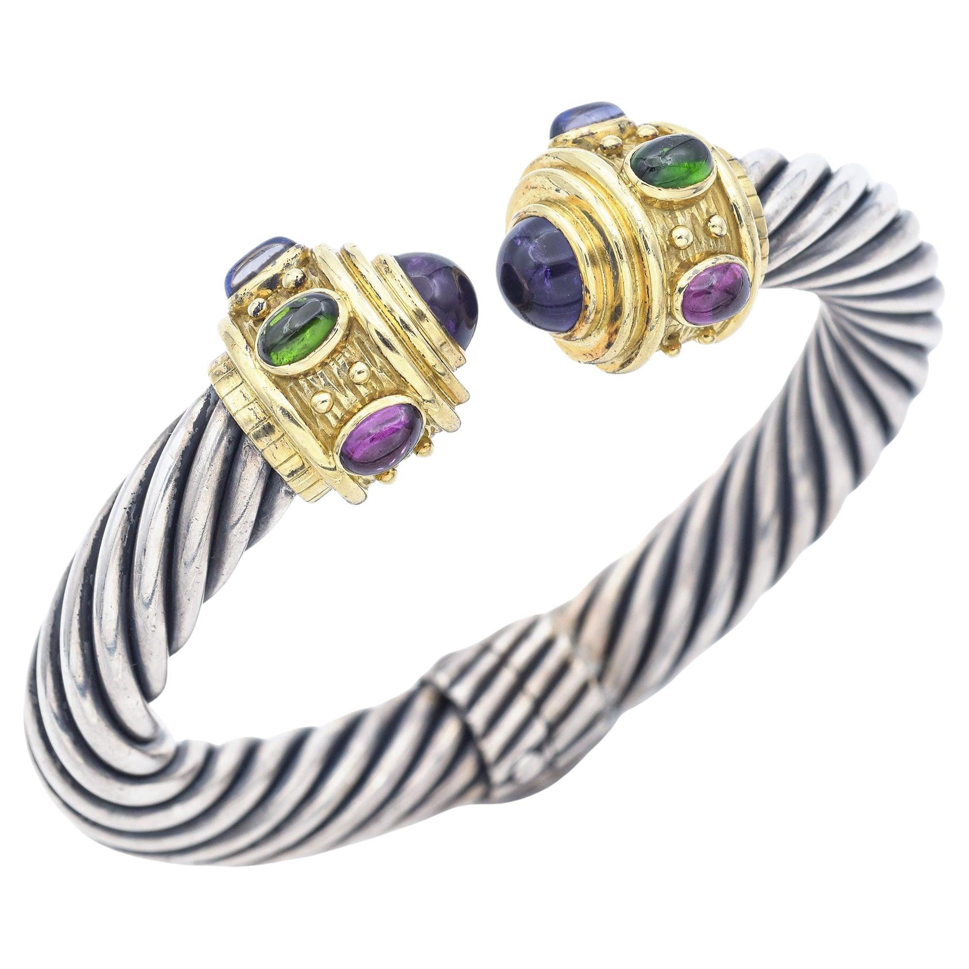 Vintage Sterling Silver 
18K Yellow Gold Multi-Gemstone Cable Cuff Bracelet